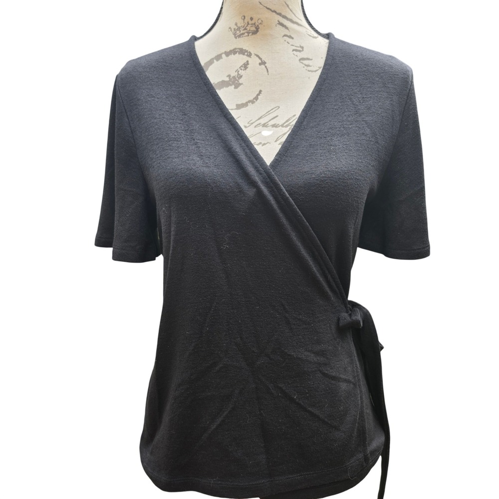 GAP Womens Softspun Short Sleeve Wrap Top True Black V-Neck Side Tie Size M